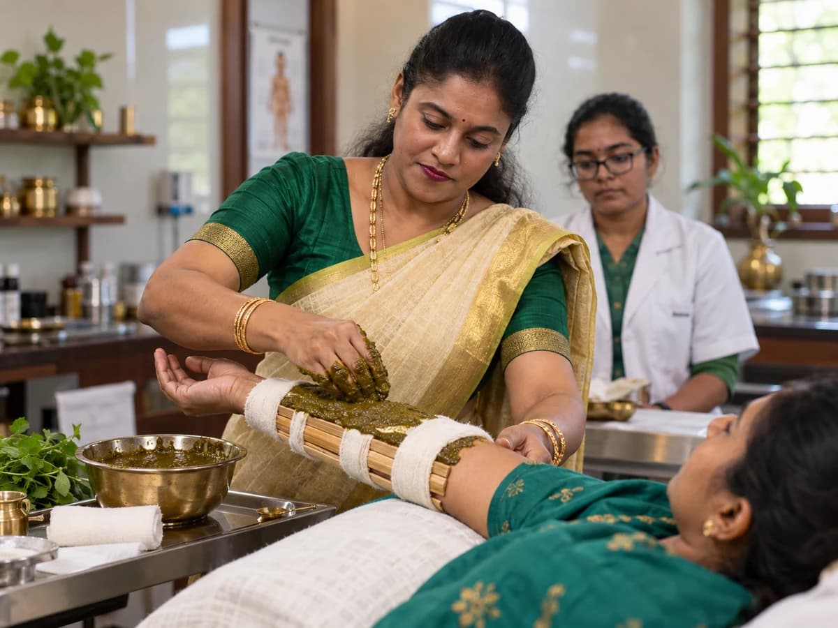Chief Siddha Physician Dr. R.S. Ananthi Prabha Velumani applying traditional Puttur bone setting